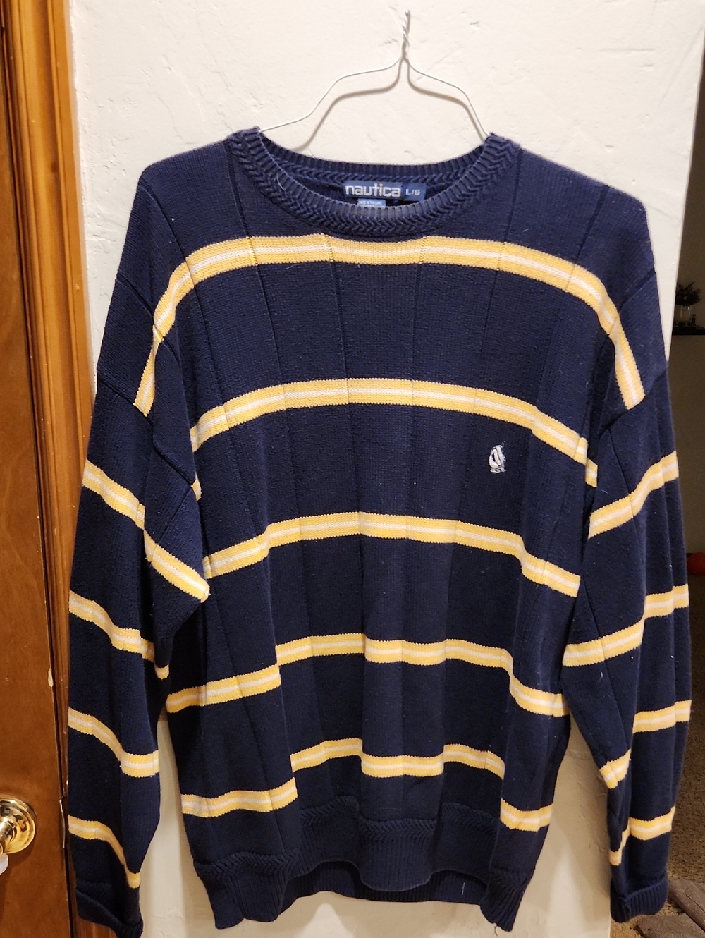 Nautica Navy Crewneck Sweater with Yellow Stripes